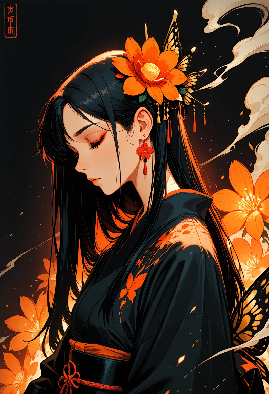 masterpiece, best quality, good quality, very awa, very aesthetic, absurdres, newest, 1girl, solo, long_hair, black_hair, hair_ornament, closed_mouth, jewelry, upper_body, closed_eyes, flower, earrings, japanese_clothes, hair_flower, kimono, from_side, eyelashes, sash, profile, makeup, obi, black_background, bug, red_flower, animal_print, butterfly, eyeshadow, smoke, butterfly_hair_ornament, black_kimono, obijime, orange_flower, obiage, orange_theme, butterfly_print, ink drawing, opill, gr4ph1t3,