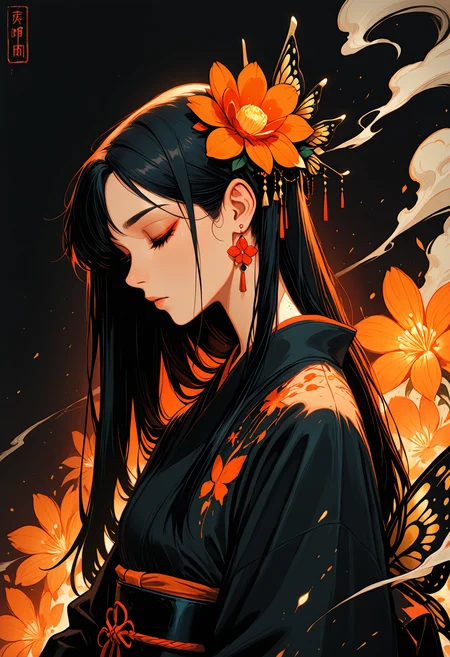 masterpiece, best quality, good quality, very awa, very aesthetic, absurdres, newest, 1girl, solo, long_hair, black_hair, hair_ornament, closed_mouth, jewelry, upper_body, closed_eyes, flower, earrings, japanese_clothes, hair_flower, kimono, from_side, eyelashes, sash, profile, makeup, obi, black_background, bug, red_flower, animal_print, butterfly, eyeshadow, smoke, butterfly_hair_ornament, black_kimono, obijime, orange_flower, obiage, orange_theme, butterfly_print, ink drawing, opill, gr4ph1t3,
