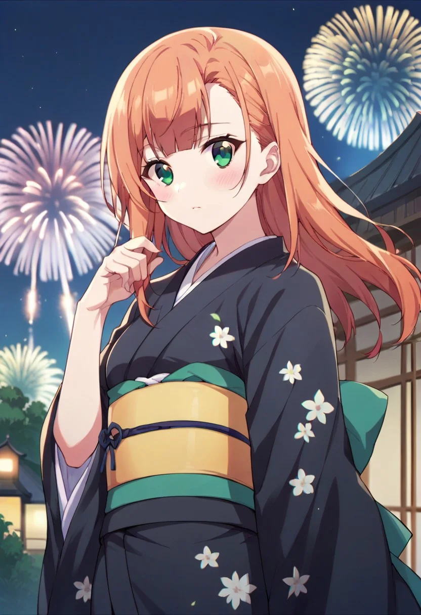 score_9, score_8_up, score_7_up, source_anime, aika natsukawa, long hair, green eyes, orange hair, 1girl, fireworks, japanese clothes, kimono, solo, green eyes, looking at viewer, sash, floral print, night, obi, blush, black kimono
