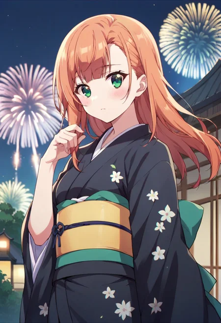 score_9, score_8_up, score_7_up, source_anime, aika natsukawa, long hair, green eyes, orange hair, 1girl, fireworks, japanese clothes, kimono, solo, green eyes, looking at viewer, sash, floral print, night, obi, blush, black kimono