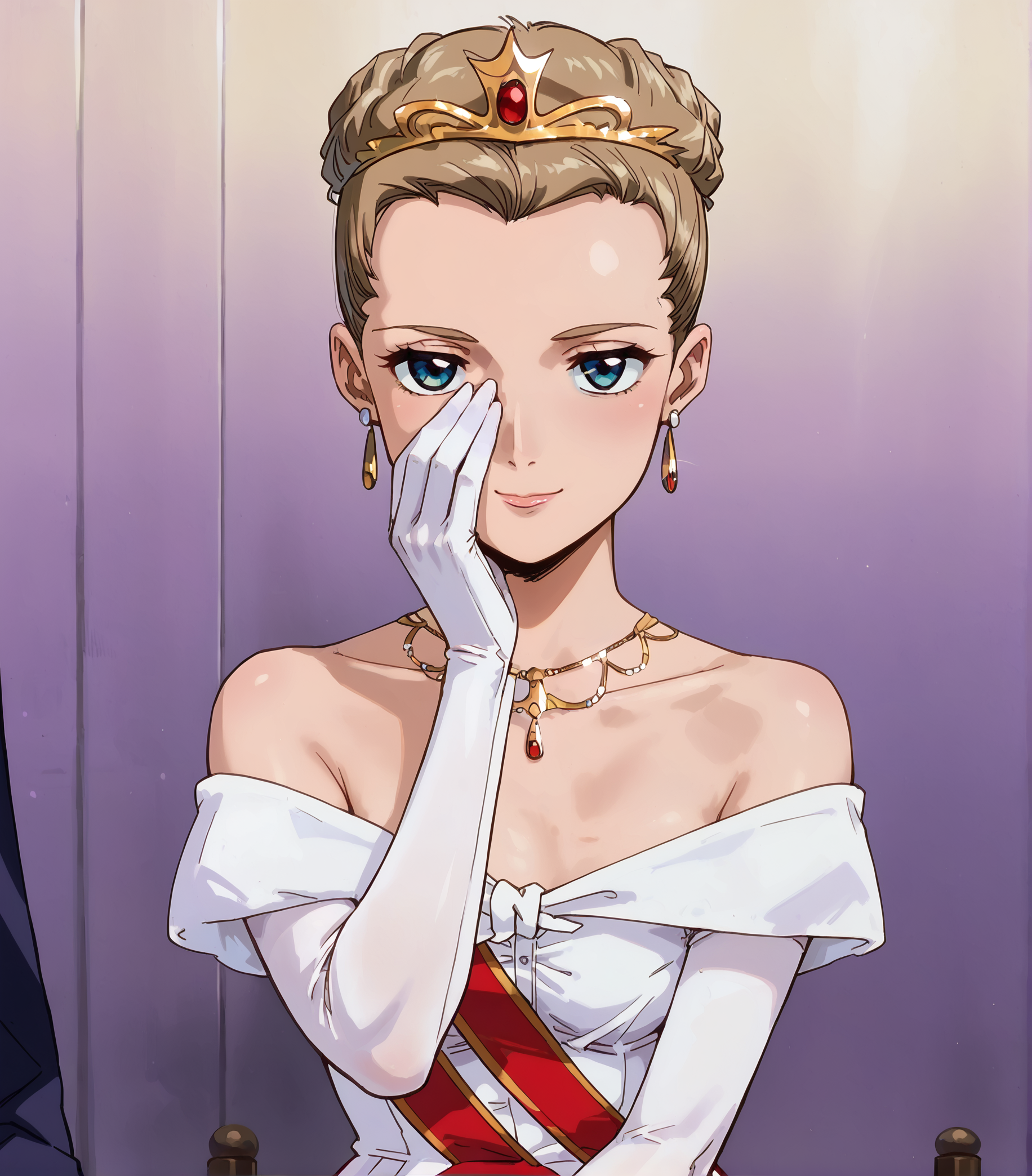 score_9,score_8_up,score_7_up,masterpiece, best quality, <lora:WHM 0.2v:0.5>, WHM, 2D,anime,
<lora:face concealment_pony_V1.0:1> covering face, face concealment,arm on face
BREAK
<lora:Relena_Darlian_Gundam_Wing_Pony:0.9>,relena,blue eyes, brown hair,(hair up,tiara,earrings),jewelry,necklace,bare shoulders,elbow gloves,
lingerie, light smile, white dress,