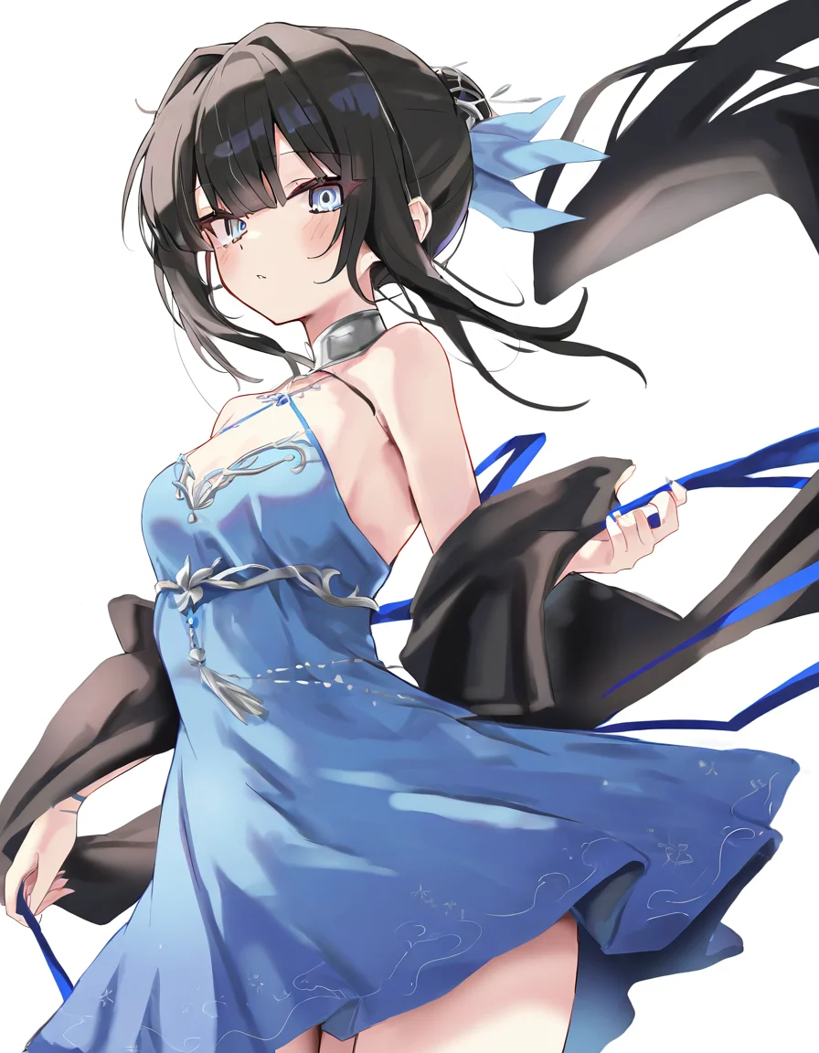 looking at viewer,solo,1girl,dingshangwan,simple background,white background,cowboy shot,blue dress,<lora:dingshangwan-000010:1.2>,black hair,, masterpiece, best quality, very aesthetic, absurdres,newest, incredibly absurdres,, toshizou \(0714\)