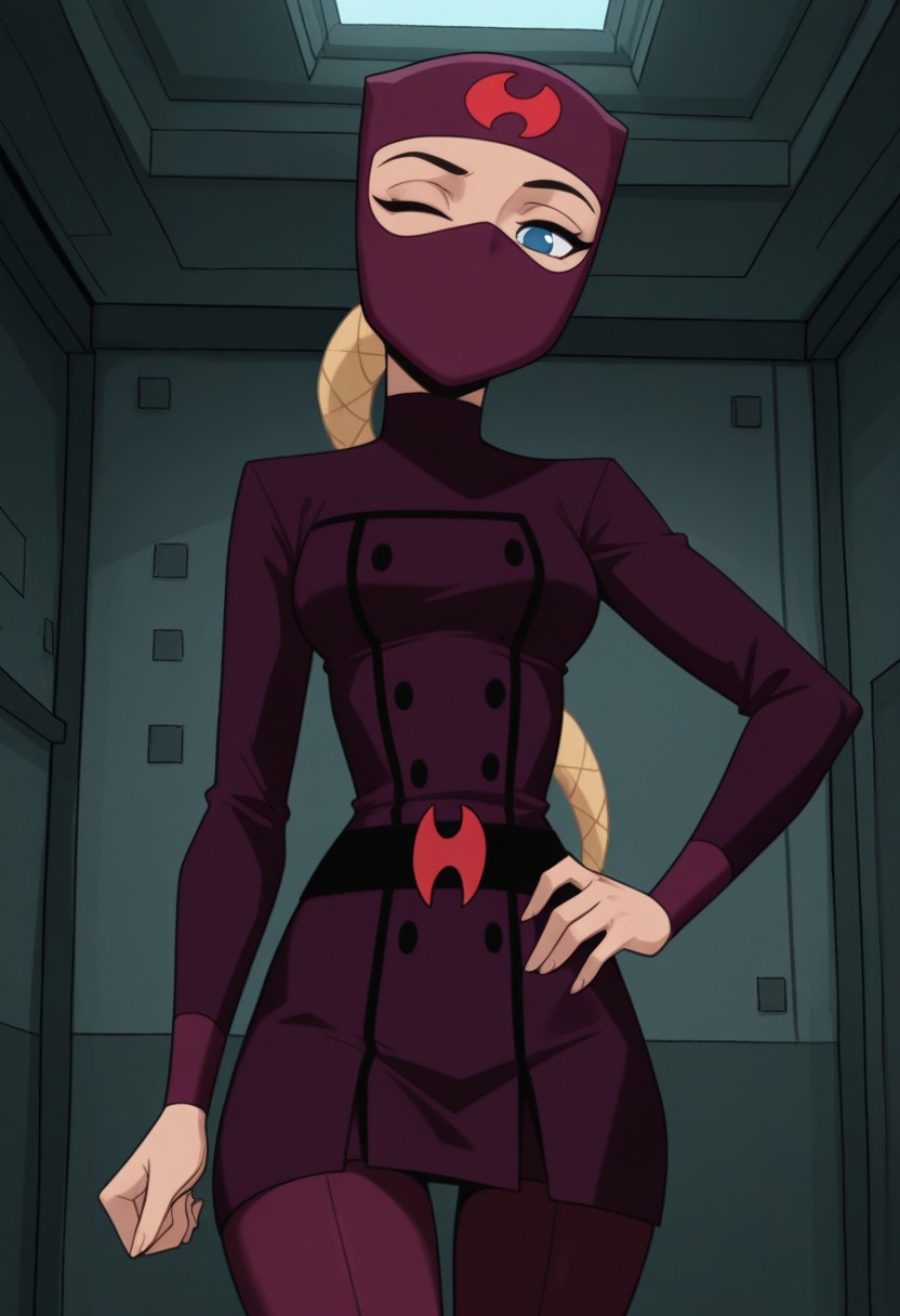 masterpiece, best quality, amazing quality, very aesthetic, absurdres, newest, 1girl, solo, indoors, looking at viewer, HuntsgirlS2, Ninja, Ninja Mask, Dark Purple Mask, Covered Mouth, Covered Head, Forehead Symbol, Blue Eyes, Braided Ponytail, Low Ponytail, Long Ponytail, Blonde Ponytail, Dark Purple Uniform, Waist Belt, cowboy shot, hand on hip, wink, seductive