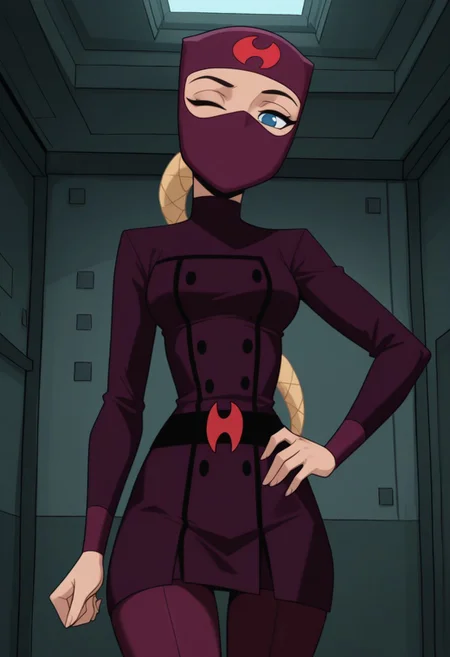 masterpiece, best quality, amazing quality, very aesthetic, absurdres, newest, 1girl, solo, indoors, looking at viewer, HuntsgirlS2, Ninja, Ninja Mask, Dark Purple Mask, Covered Mouth, Covered Head, Forehead Symbol, Blue Eyes, Braided Ponytail, Low Ponytail, Long Ponytail, Blonde Ponytail, Dark Purple Uniform, Waist Belt, cowboy shot, hand on hip, wink, seductive