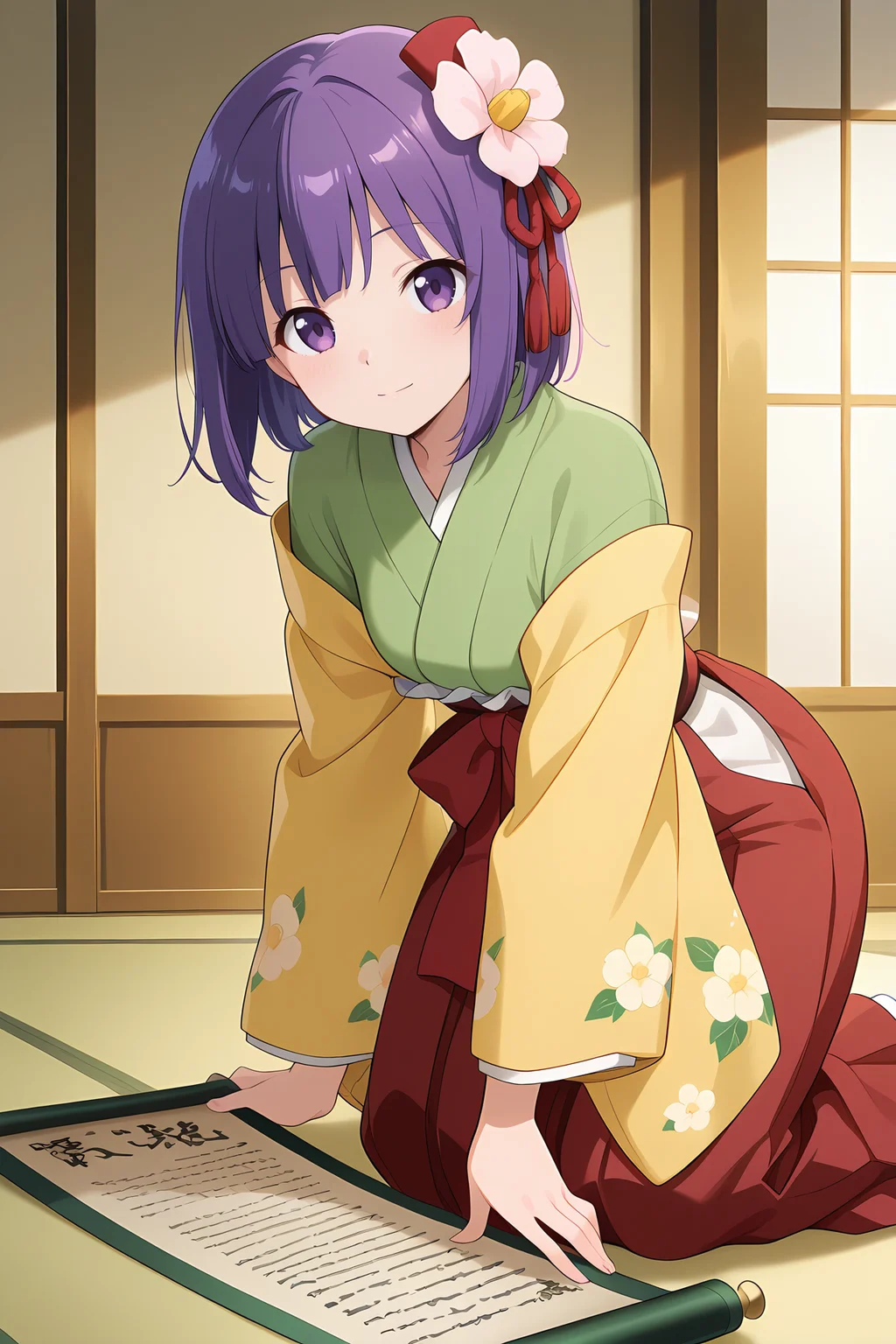absurdres, highres, masterpiece, best quality, amazing quality, official anime artwork, screencap, anime screencap, indoors, light smile, looking at viewer, dynamic pose,
 <lora:Hieda-no-Akyuu_Illustrious:1> hieda no akyuu, 1girl, solo, purple eyes, purple hair, short hair, hair flower,, japanese clothes, green kimono, yellow sleeves, wide sleeves, red skirt, red hakama, floral print, holding scroll,