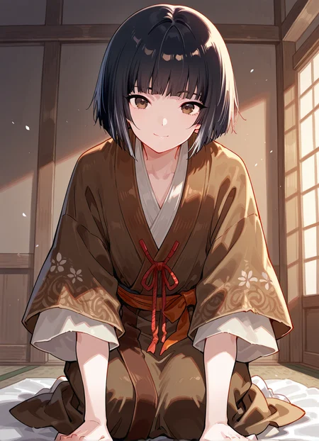 masterpiece, best quality,1boy, kneeling, KuroSekiro, black hair, short hair, japanese clothes, indoors, bangs, brown eyes, solo, smile, looking at viewer, <lora:KuroSekiro:0.8>