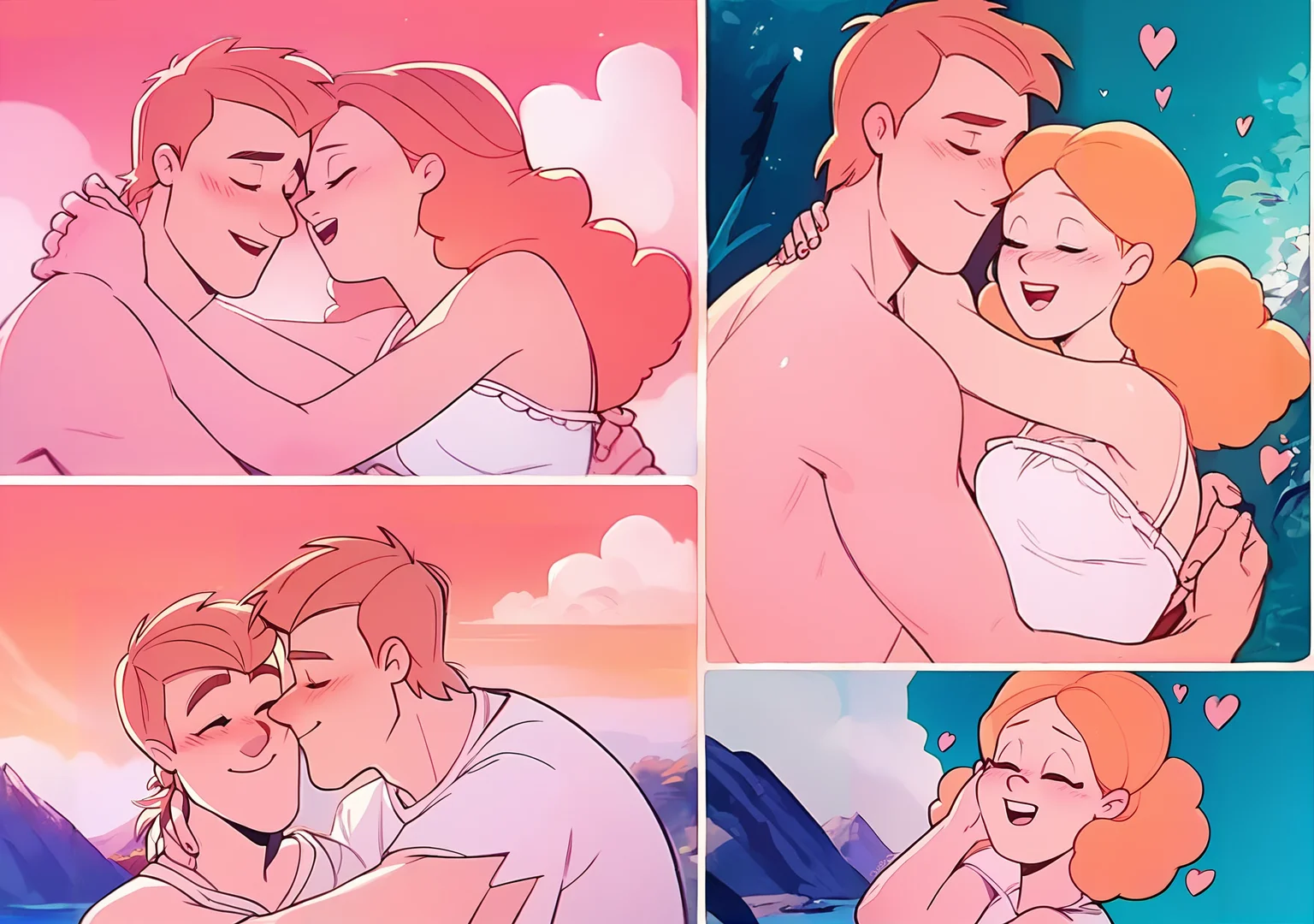 <lora:OnceuponATime_pony_v4:1> (animation style of onceuponatime, a cartoon image of:1.1)  love montage: A couple shares intimate moments against a backdrop of scenic locations, capturing the progression of their romance through a series of tender and passionate scenes, score_9, score_6_up, score_7_up