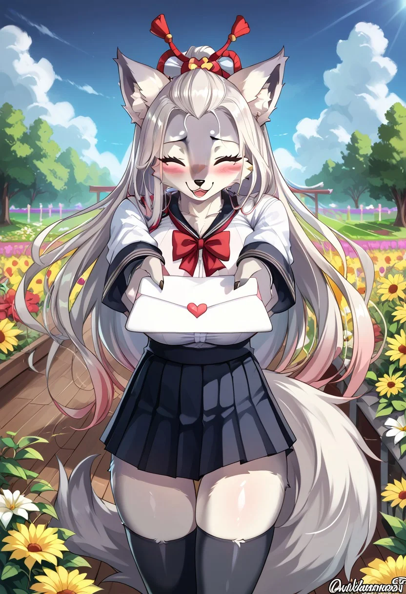 score_10, score_9_up, score_8_up, score_7_up, score_6_up, vibrant colors, shiny_skin, prefect lighting, detailed image, snoozing, masterpiece, best quality, highly detailed, ultra quality, BREAK,
1girl , solo ,, hakuroonmyoji , furry wolf girl ,, huge breasts , curvy ,  thicc , cute ,, detailed face , bedroom eyes , blushing , steam , smiling ,,  School uniform, thigh highs, 
<lora:love-letter-ponyxl-lora-nochekaiser:1>, love letter, heart, valentine, letter, confession, incoming gift, outstretched arms, closed eyes, shouting, 
looking at viewer, detailed background, outdoors, garden, flower field, flower pots, plant pots, tree, cinematic composition, dynamic pose,