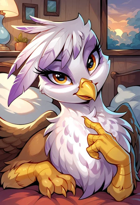 masterpiece, score_9, score_8_up, score_7_up, score_6_up, (best quality:1.1), ultra-detailed, high resolution, 1girl, gilda, feral, griffon, g4, female, eyeshadow, sulky, indoors, lie on bed, points finger at viewer, home background, tail, high quality, sharp, the quality of ai art is frightening, watercolor, highly detailed, (beautiful detailed eyes), Long eyelashes, Highly Visible, (((8k))), sharp focus, perfect lighting, beautiful eyes, long eyelashes, anatomically correct, extremely detailed, shine on body, high detail, cute, Expressiveh, detailed background, OverallDetail, zPDXL2