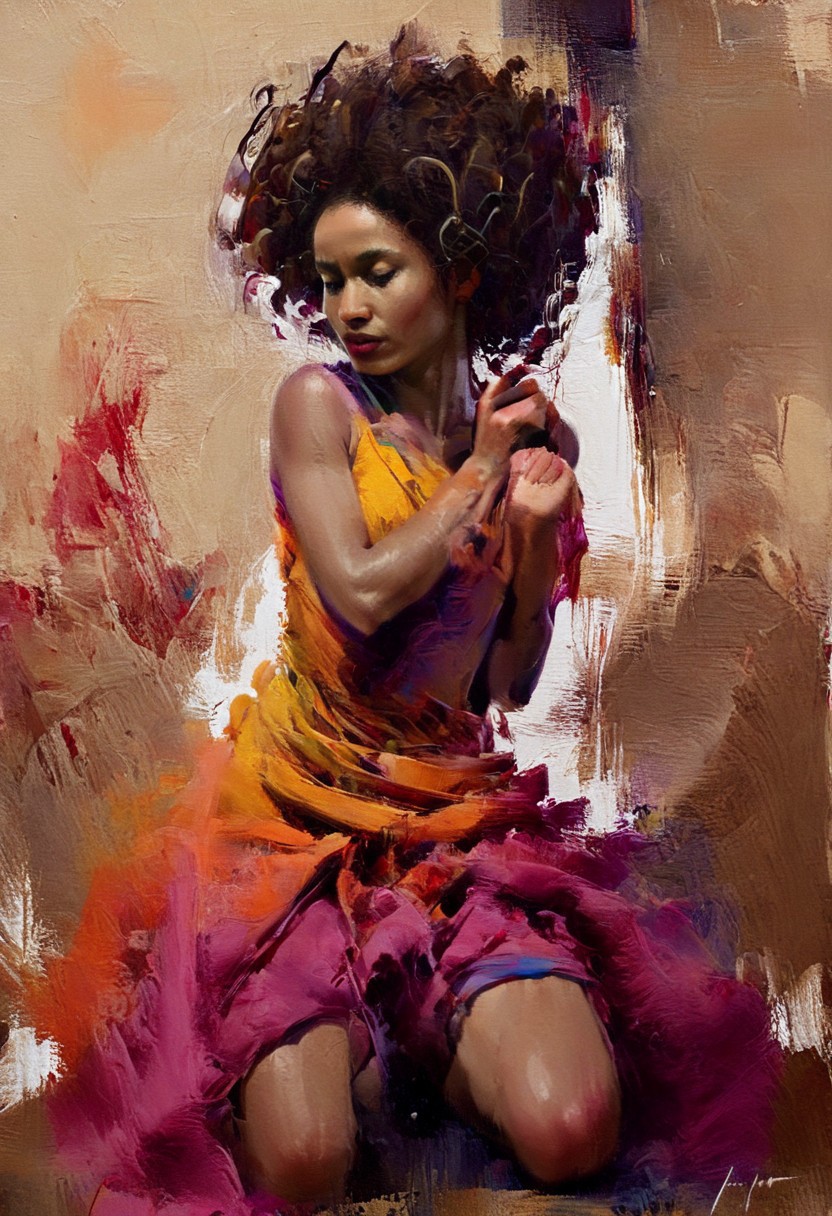 Create an abstract expressionist painting that features a woman in a dynamic kneeling dance pose, partially wrapped in vibrant Afrocentric cloth of varying widths and colors. Her voluminous, curly hair extends outward, contributing to the composition's movement. The background should consist of expressive abstract brush strokes in earth tones, blending elements of realism with expressive abstraction. This artwork should evoke a sense of movement and depth, creating a captivating and thought-provoking visual experience.