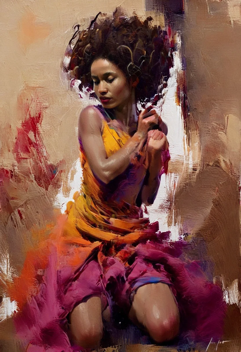 Create an abstract expressionist painting that features a woman in a dynamic kneeling dance pose, partially wrapped in vibrant Afrocentric cloth of varying widths and colors. Her voluminous, curly hair extends outward, contributing to the composition's movement. The background should consist of expressive abstract brush strokes in earth tones, blending elements of realism with expressive abstraction. This artwork should evoke a sense of movement and depth, creating a captivating and thought-provoking visual experience.