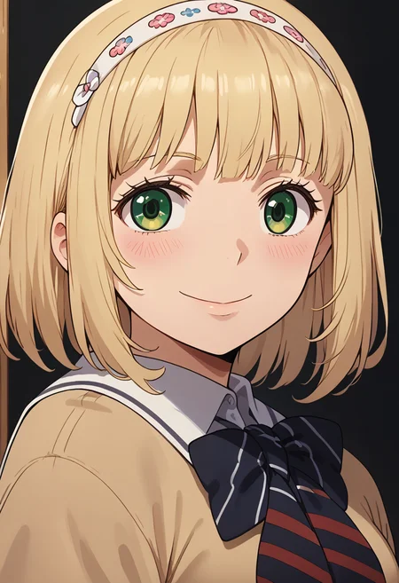 score_9, score_8_up, score_7_up, highres, 18yo, high res image, source_anime, masterpiece, 1girl, solo, detailed face, detailed eyes,  
<lora:MoriyamaShiemi:1>, moriyamashiemi, shiemi, blonde hair, short hair, blunt bangs, green eyes, blush, upper body, school uniform, hairband, gentle smile,