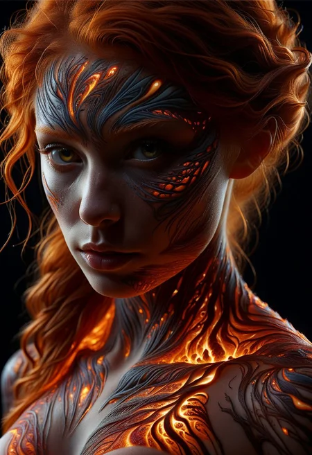 Close-up face, mysterious silhouette of a ginger woman ral-lava clothing, backlit, alluring goddess, by Minjae Lee, Carne Griffiths, Emily Kell, Steve McCurry, Geoffroy Thoorens, Aaron Horkey, Jordan Grimmer, Greg Rutkowski, amazing depth, double exposure, surreal, geometric patterns, intricately detailed, bokeh, perfect balanced, deep fine borders, artistic photorealism , smooth, great masterwork by Suiras <lora:add-detail-xl:2> <lora:Double_Exposure:0.5>