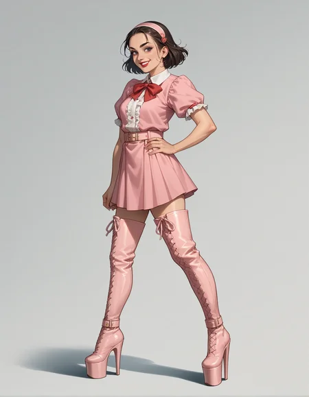 score_9, score_8_up, score_7_up, score_6_up, score_5_up, score_4_up, 1girl, solo, makeup, lipstick, Textured Quiff with Low Fade , Culottes and ruffled blouse, smile, hud_pl3aser_infin1ty3028, high heel thigh boots, platform footwear, buckle, <lora:thighboots:0.6>,