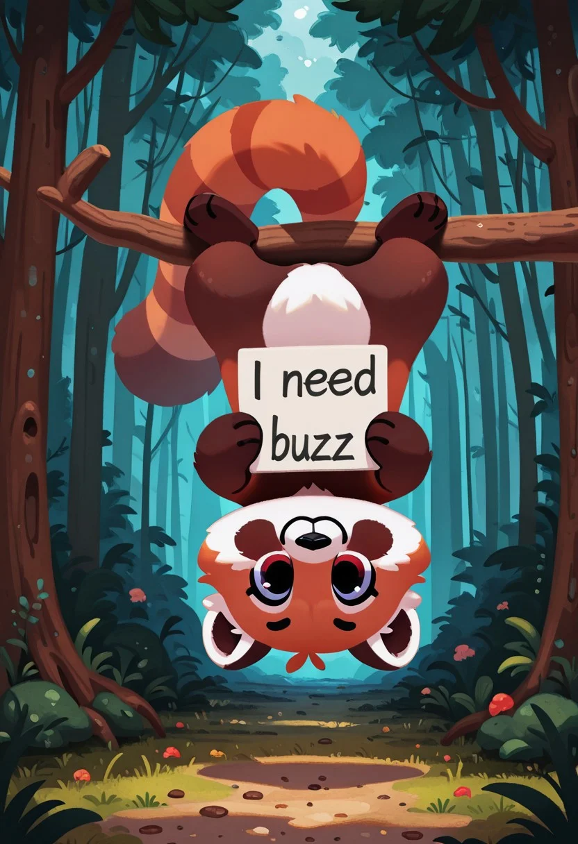 masterpiece, best quality, amazing quality, high quality, masterpiece, 8k,
pikaole, cute, animal focus,
red panda, in forest, hanging upside down from branch,
need_buzz, holding sign that says "need Buzz"