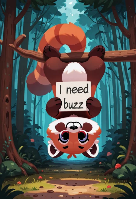 masterpiece, best quality, amazing quality, high quality, masterpiece, 8k, 
pikaole, cute, animal focus,
red panda,  in forest, hanging upside down from branch,
need_buzz, holding sign that says "need Buzz"