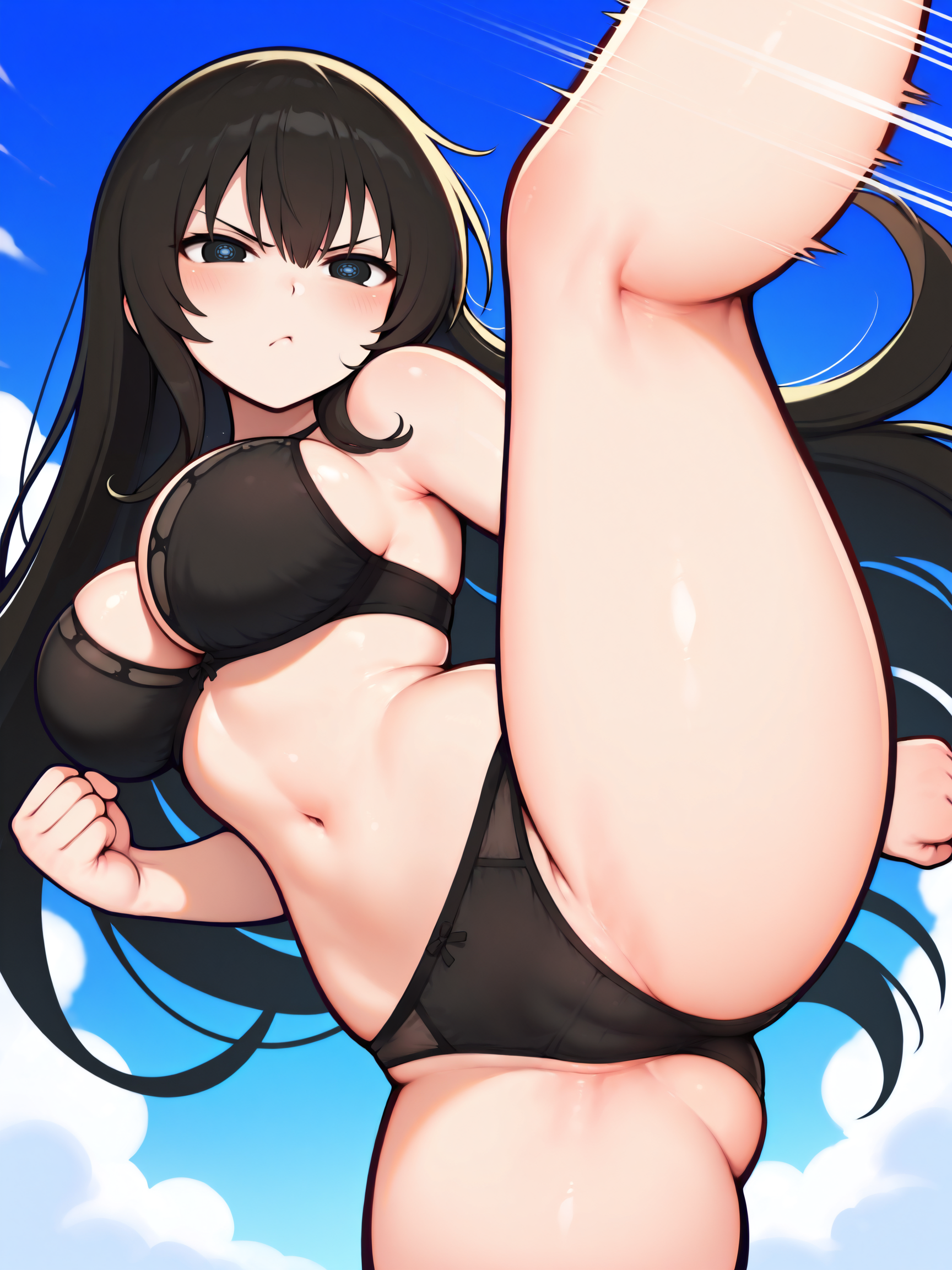 masterpiece, best quality, amazing quality, by asukaln
(solo:1.4), Kagura_IL, black hair, long hair, large eye iris, black eye iris, (blue:1.4) pattern on iris, large breasts, Kagura_underwear, black underwear, black bra, black panties
solo, karate kick, karate jump, motion lines, speed lines, leg up, sky, clouds
<lora:Mystyle_SDXL_LoCon_DORA_v2:1>
<lora:SK_Kagura_IL:0.8>