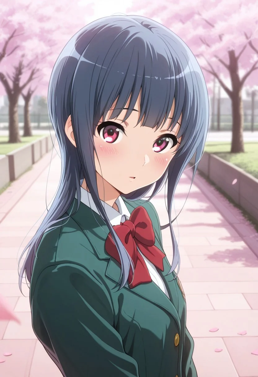 masterpiece,best quality,amazing quality, yoroizuka mizore, long hair, light blue hair, cherry-red eyes, 1girl, solo, school uniform, looking at viewer, bow, red bow, blush, jacket, outdoors, cherry blossoms, parted lips, petals, green jacket