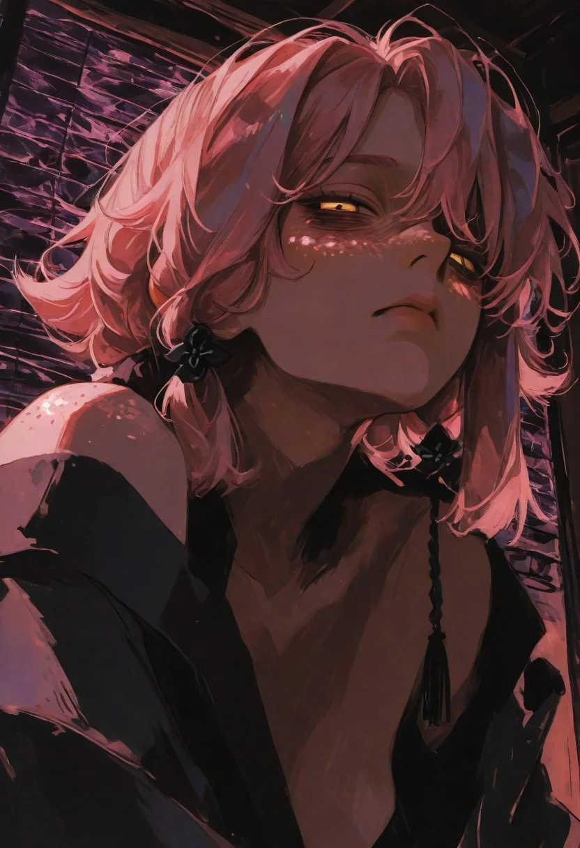 masterpiece,best quality,amazing quality,very aesthetic,newest,ultra detail, (score_9,score_8_up,score_7_up,score_6_up,rating_safe),hyper-detailed,ultra HD,cinematic lighting,(maeve:2.0),young with an asymmetrical hairstyle,(one eye covered by hair), (head tilted back), (chin raised), (neck exposed), (looking upward), (asymmetrical bangs),(long braids:1.2) ,(looking at viewer:1.5),(pink hair:1.5),(deep emotional connection:1.4),(detailed facial features:1.4),(no fusion,no deformities,correct anatomy:1.5),sexy pose,dynamic pose,(yellow eye:1.5), (glowing eye:1.5),(Cat pupil:2.0),Detailed eye, (white freckles),(glowing freckles:2.0),wild and swaying hair, small breasts,(bare shoulder:1.5),(Hanging breasts),(black kimono:1.5),kimono open,(cleavage),(Tired expression:2.0),(dark circles under the eyes:2.0), (Sleeping face:1.5),(deeply distressed:1.5),(squinting eyes:1.5),tabi,Calf,plump lips,(Sitting:1.5),side locks,makeup,floral print,(front-facing, direct view:1.5),(extreme close-up eyes:2.0, eye focus:1.8),Warm crimson ambient light, light that illuminates maeve dimlylight,<lora:illustrious_all_rated_v1:0.5><lora:ppw_v7_noobE11_6_r2_0.05:0.6><lora:nhl-001:0.6> nhl-001,limited palette,realistic,BREAK
Japanese house, Moody lighting,<lora:wasabi_natsume_style_r1:0.8> wasabi_natsume_illu,abstract, surreal,<lora:748cm_illu:0.4> 7481llu