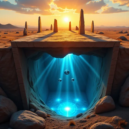 M1CR0CUB3D, aidmafluxpro1.1, A cubed desert plateau dotted with standing stones arranged in perfect celestial alignment. Atop the surface, runic monoliths cast long shadows during sunset. Beneath, a crystal cave with suspended orreries slowly rotates above a mirrored floor. Lighting is soft and gold above, radiant blue glow below. Style: mystic realism, dusty oranges and lapis blues, wide focal plane to emphasize vertical split.