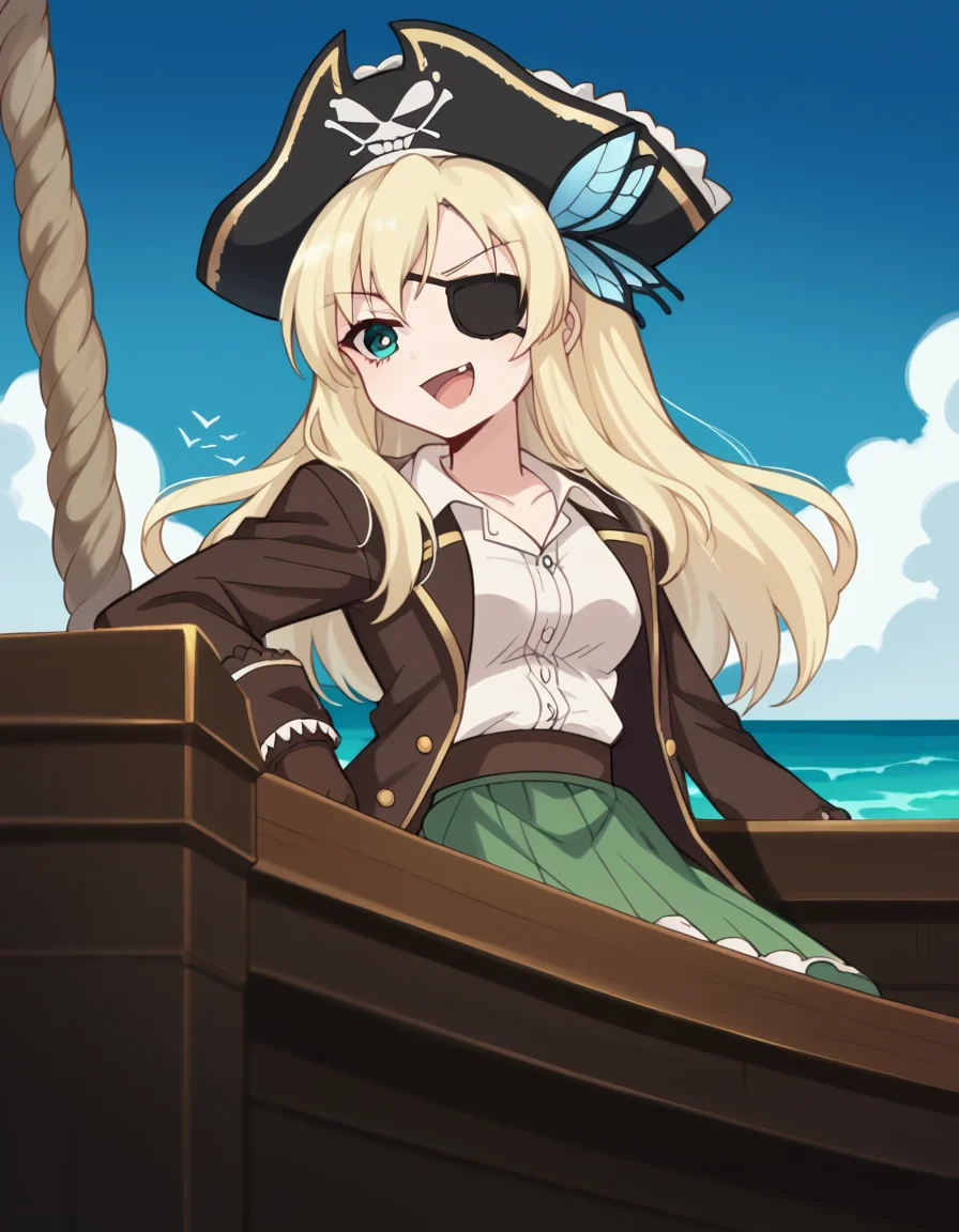 score_9, score_8_up, score_7_up, source_anime, <lora:sena-kashiwazaki-s2-ponyxl-lora-nochekaiser:1>, sena kashiwazaki, long hair, blonde hair, hair ornament, aqua eyes, butterfly hair ornament,, <lora:pirate-costume-ponyxl-lora-nochekaiser:1>, pirate costume, pirate hat, skirt, gloves, jacket, shirt, eyepatch,, blue sky, sea, ocean, pirate ship, treasure, gold, smug, open mouth, from below, sitting,, cowboy shot
