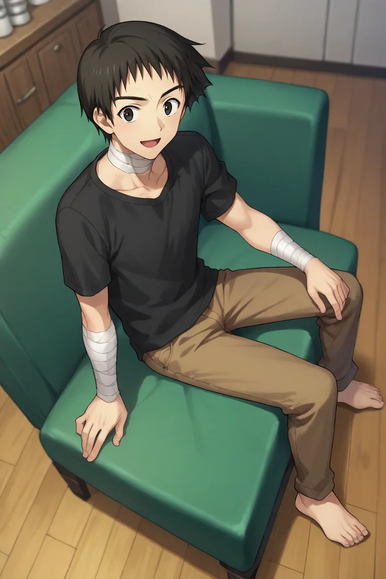 score_9, score_8_up, score_7_up,score_6_up,score_5_up,score_4_up,source_anime,BREAK, rating_safe, intricate details , , , anime screencap, anime coloring, official style, depth of field,1boy, solo, male focus,<lora:shizuki:0.82>,soujuurou shizuki,black hair, black eyes,short hair,looking at viewer, open mouth, smile,shirt,full body, short sleeves, barefoot, pants, black shirt,bandages, t-shirt, brown pants,from above,siting,chair,sofa, furnace,indoors , , ,<lora:sdxl_lightning_8step_lora_315544:1>