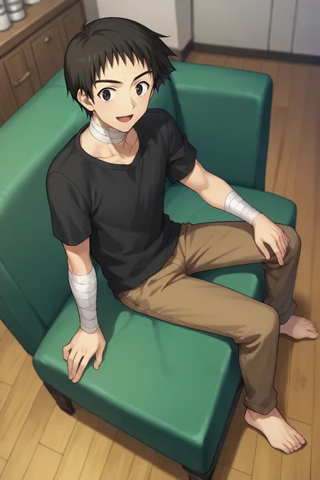 score_9, score_8_up, score_7_up,score_6_up,score_5_up,score_4_up,source_anime,BREAK, rating_safe, intricate details , , , anime screencap, anime coloring, official style, depth of field,1boy, solo, male focus,<lora:shizuki:0.82>,soujuurou shizuki,black hair, black eyes,short hair,looking at viewer, open mouth, smile,shirt,full body, short sleeves, barefoot, pants, black shirt,bandages, t-shirt, brown pants,from above,siting,chair,sofa, furnace,indoors , , ,<lora:sdxl_lightning_8step_lora_315544:1>