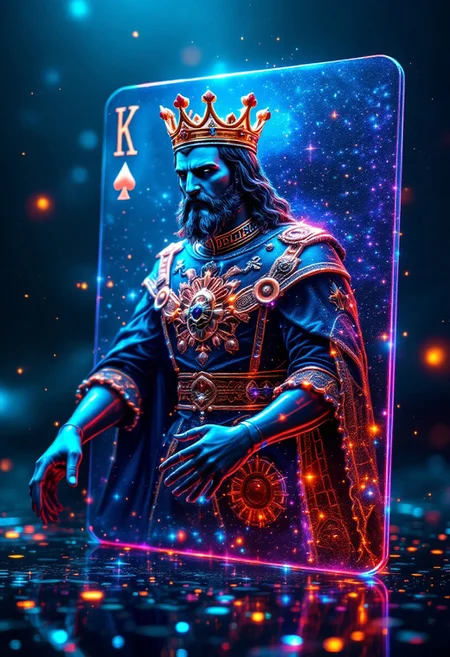 Crea una imagen de la carta del Rey de corazones de la baraja americana transformada en un impresionante holograma 3D. El Rey cobra vida, emergiendo de la carta como si atravesara el espacio, flotando directamente frente a ti. Los detalles de su corona, espada y capa brillan con luces de neón, generando un efecto futurista que difumina la frontera entre lo virtual y lo real. La carta deja de ser un simple objeto, convirtiéndose en una experiencia interactiva inmersiva que te transporta a un mundo donde la fantasía y la tecnología se fusionan. Este holograma es perfecto para entornos donde la creatividad y la innovación no tienen límites, en una atmósfera futurista, diseñado para sorprender y cautivar a quienes lo presencian.