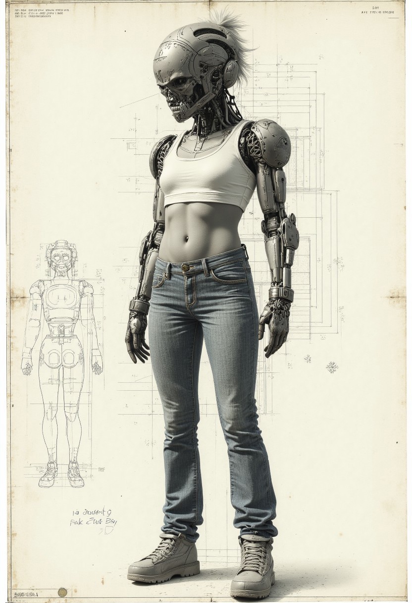 A technical CAD drawing of a Full body portrait shot, A woman who is human on the right side and cyborg on the left side of her body,  in a crop top tank top, jeans that are skin tight, partying at a rave, trying to pretend that it is human, images are taken on a polaroid disposable camera, flash photography