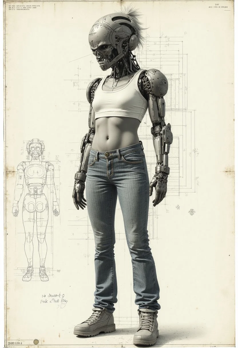 A technical CAD drawing of a Full body portrait shot, A woman who is human on the right side and cyborg on the left side of her body, in a crop top tank top, jeans that are skin tight, partying at a rave, trying to pretend that it is human, images are taken on a polaroid disposable camera, flash photography