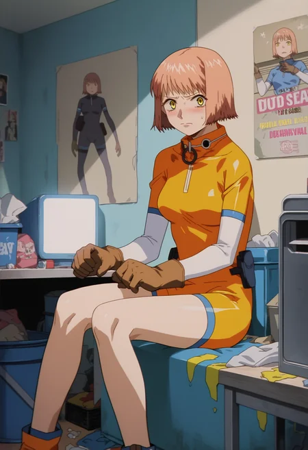 score_9, score_8, score_7, source_anime,
rating_general,
<lora:mikura-ponyxl-000030:1> mikuraova, yellow eyes,
bodysuit, gloves,
1girl, solo, sitting, caught, messy room, bedroom, poster, trash can, computer, looking at viewer, embarrassed