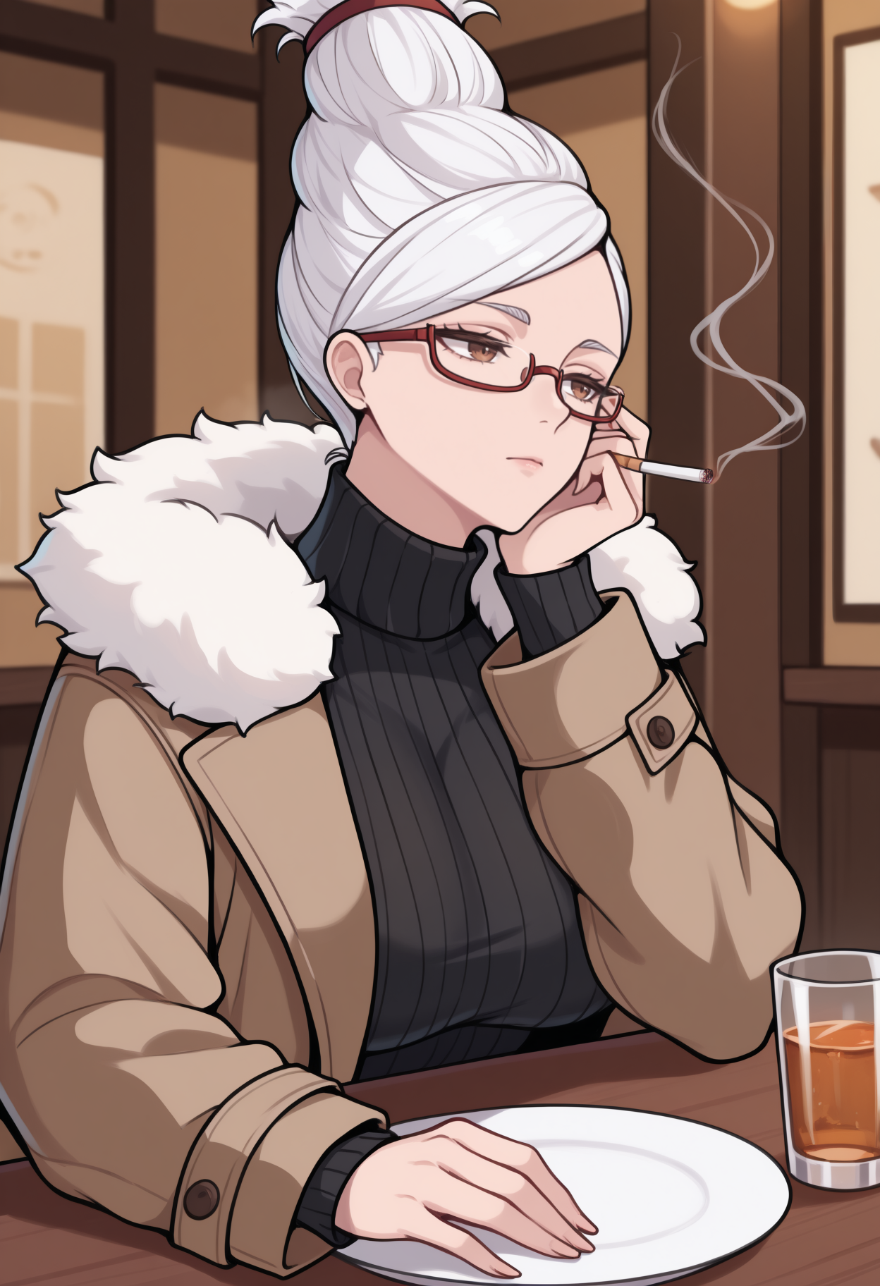 masterpiece, best quality, <break> upper body, solo, 1girl, se1ko, mature female, expressionless, looking away, smoking, cigarette, head rest, white hair, updo, brown eyes, glasses, red-framed eyewear, winter clothes, fur trim, brown coat, fur-trimmed hood, open coat, long sleeves, black sweater, ribbed sweater, turtleneck, indoors, table, restaurant, plate, cup, glass
<segment:yolo-Anzhc Face seg 640 v2 y8n.pt,0.4,0.5//cid=1>