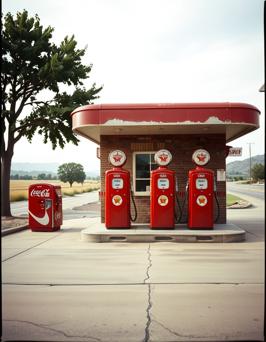 A realistic vintage photograph of a 1950s American gas station with no people present. The small brick building has a flat roof with a wide canopy extending over two classic red gas pumps from the 1950s, featuring chrome details, round meters, spiral hoses, and retro branding like "Texaco" or "Shell".The ground is old concrete with cracks and oil stains. Beside the station, there's a vintage Coca-Cola vending machine and a hand-painted wall sign that reads âDrive Safely!â. The sky is lightly overcast, casting soft shadows and a nostalgic mood. In the background, leafy trees, distant low hills, and an empty country road stretch into the distance. The photo has a slightly faded, desaturated color palette with warm vintage tones and a subtle grain, mimicking the look of 1950s Kodak film photography. The overall atmosphere is calm, quiet, and deeply nostalgic.
<lora:SDXLFaeTastic2400:0.4> <lora:extremely_detailed:0.4> extremely detailed, <lora:1950s_American_gas_st4t10n:1>,1950s American gas st4t10n, Masterpiece,best quality,hi res,8k,hi res,8k,award winning,(sharp focus, intricate, highly detailed),
