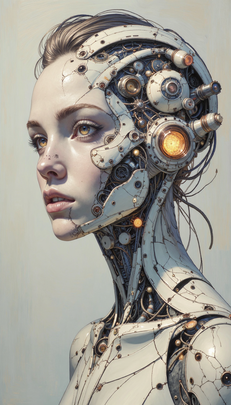 Bioluminescent, A painterly portrait, close-up, of a young woman with intricate cybernetic augmentations adorning her head and neck. The biomechanical apparatus, rendered in meticulous detail, contrasts with her soft, almost melancholic expression. Use a muted, pastel-infused color palette. Emphasize the juxtaposition between the organic and the synthetic, the vulnerability of her gaze against the cold precision of the technology. Focus on the tension between her wistful expression and her augmented state, hinting at a deeper narrative about humanity and technological advancement. The background should be a stark, neutral tone, further highlighting the subject.