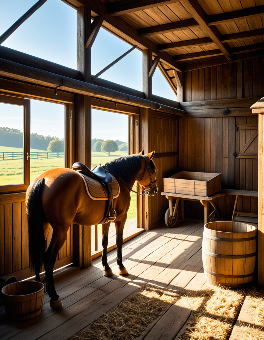 A rustic horse stable in the countryside, built with aged wooden beams and stone foundations, bathed in warm golden sunlight. The stable doors are slightly open, revealing the soft hay-covered floor inside. Horses stand calmly in their stalls, their glossy coats catching the light. Dust particles float in the air, illuminated by the sunbeams filtering through the gaps in the wooden planks. The atmosphere is serene, with a vintage, timeless feel. Weathered saddles and bridles hang neatly on the stable walls, and an old wooden cart sits nearby. The background features rolling green fields and a clear blue sky, creating a peaceful rural setting. Ultra-detailed, photorealistic, warm tones, cinematic lighting, sharp textures.
<lora:SDXLFaeTastic2400:0.4> <lora:extremely_detailed:0.4> extremely detailed,<lora:rustic_horse_st4bl3:1>,rustic horse st4bl3, Masterpiece,best quality,hi res,8k,hi res,8k,award winning,(sharp focus, intricate, highly detailed),
