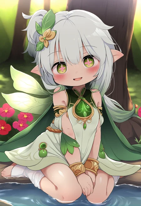 masterpiece, hyper detailed, best quality,(furry:1.3),1girl, green gemstone, solo, dress, multicolored hair, flower, nahida \(genshin impact\), gradient hair, white dress, green eyes, long hair, gem, sleeveless dress, white hair, hair ornament, sitting, looking at viewer, sleeveless, jewelry, crystal, pointy ears, smile, bracelet, bangs, side ponytail, colored tips, white socks, sidelocks, tree, green hair, hair between eyes, cross-shaped pupils, nature, open mouth, wariza, :d, leaf hair ornament, outdoors, plant, butterfly, short dress, blush, detached sleeves, bare shoulders, two-tone hair, bug, yokozuwari, cape, symbol-shaped pupils, full body, green cape, white bloomers, water, red flower, toeless legwear, gold trim, bloomers, short sleeves ,<lora:DAGASIXLlokr8f-000188:0.95>