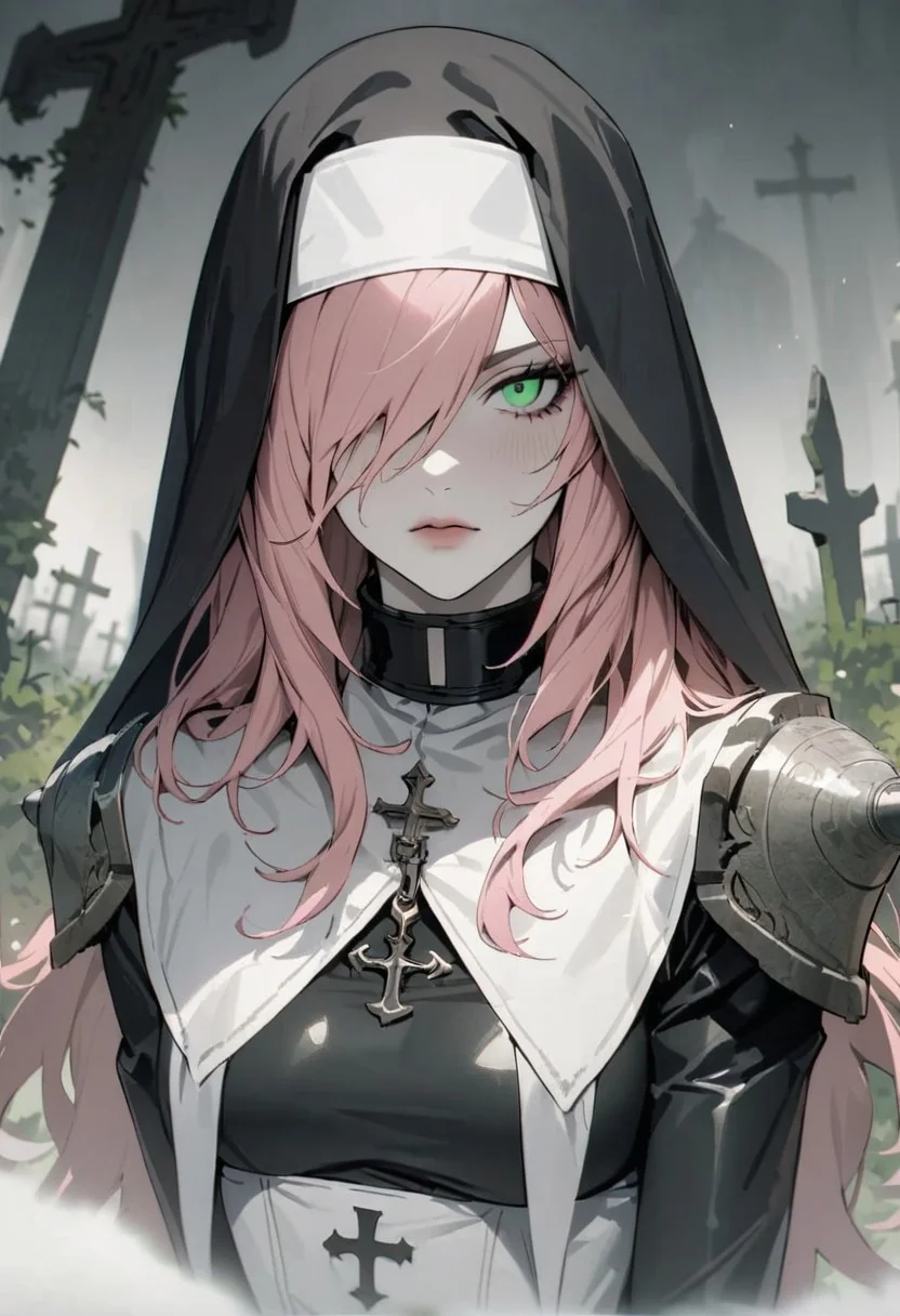 1woman, solo, long hair, pink hair, black choker, green eyes, one eye covered by hair, eyeliner, gorgeous lips, tights, medium breasts
cinematic, (masterpiece), (best quality), (ultra-detailed), very aesthetic, illustration, detailed eyes, perfect eyes, detailed face
pale skin with faded scars, skeptical gaze, rugged latex nun habit, spiked shoulder pads, overgrown graveyard, leaning against a tombstone, eerie green glow, mist swirling around