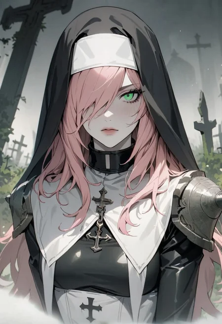 1woman, solo,  long hair, pink hair, black choker, green eyes, one eye covered by hair, eyeliner, gorgeous lips, tights, medium breasts
cinematic, (masterpiece), (best quality), (ultra-detailed), very aesthetic, illustration, detailed eyes, perfect eyes, detailed  face
pale skin with faded scars, skeptical gaze, rugged latex nun habit, spiked shoulder pads, overgrown graveyard, leaning against a tombstone, eerie green glow, mist swirling around