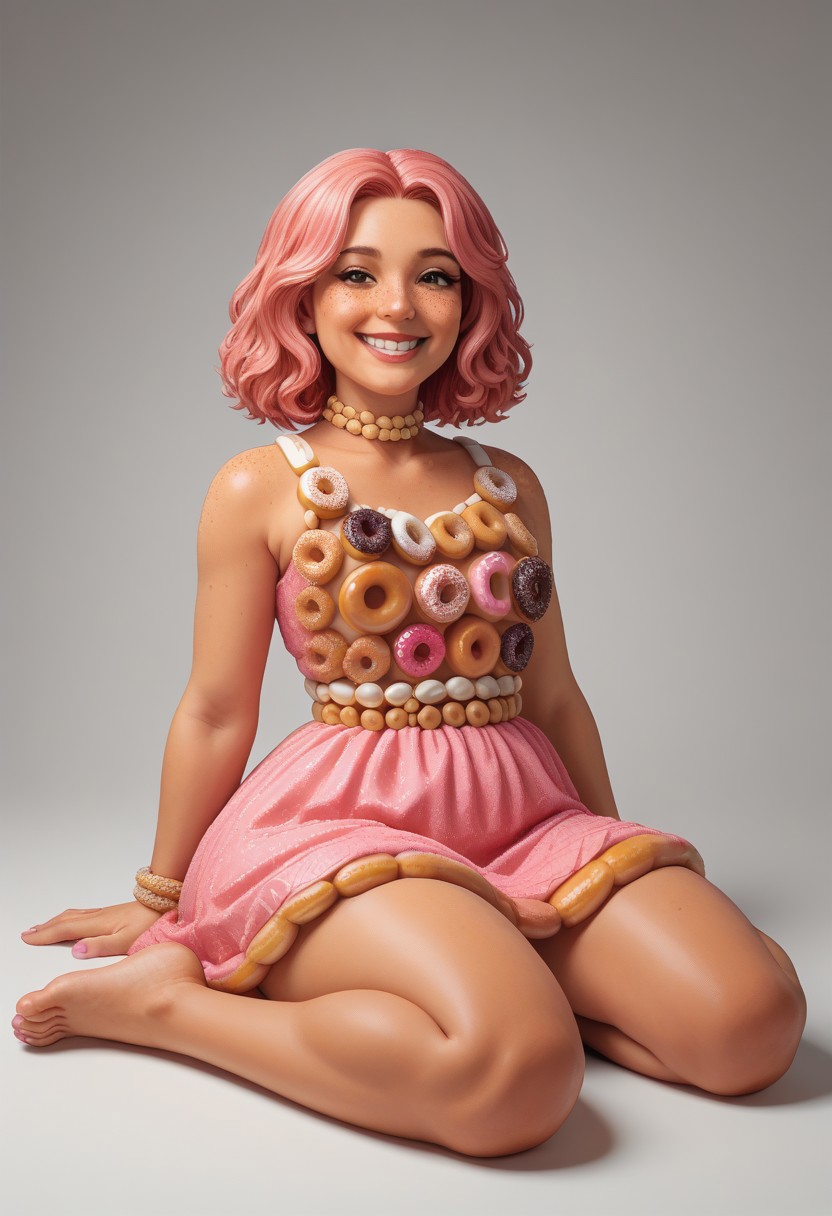 a2dstyle, bold outlines, flat colors, defined shading, illustration, 1girl, pink hair, freckles, PAWG, Thicc, character design, sitting on a donut, pink maxi dress, smile
