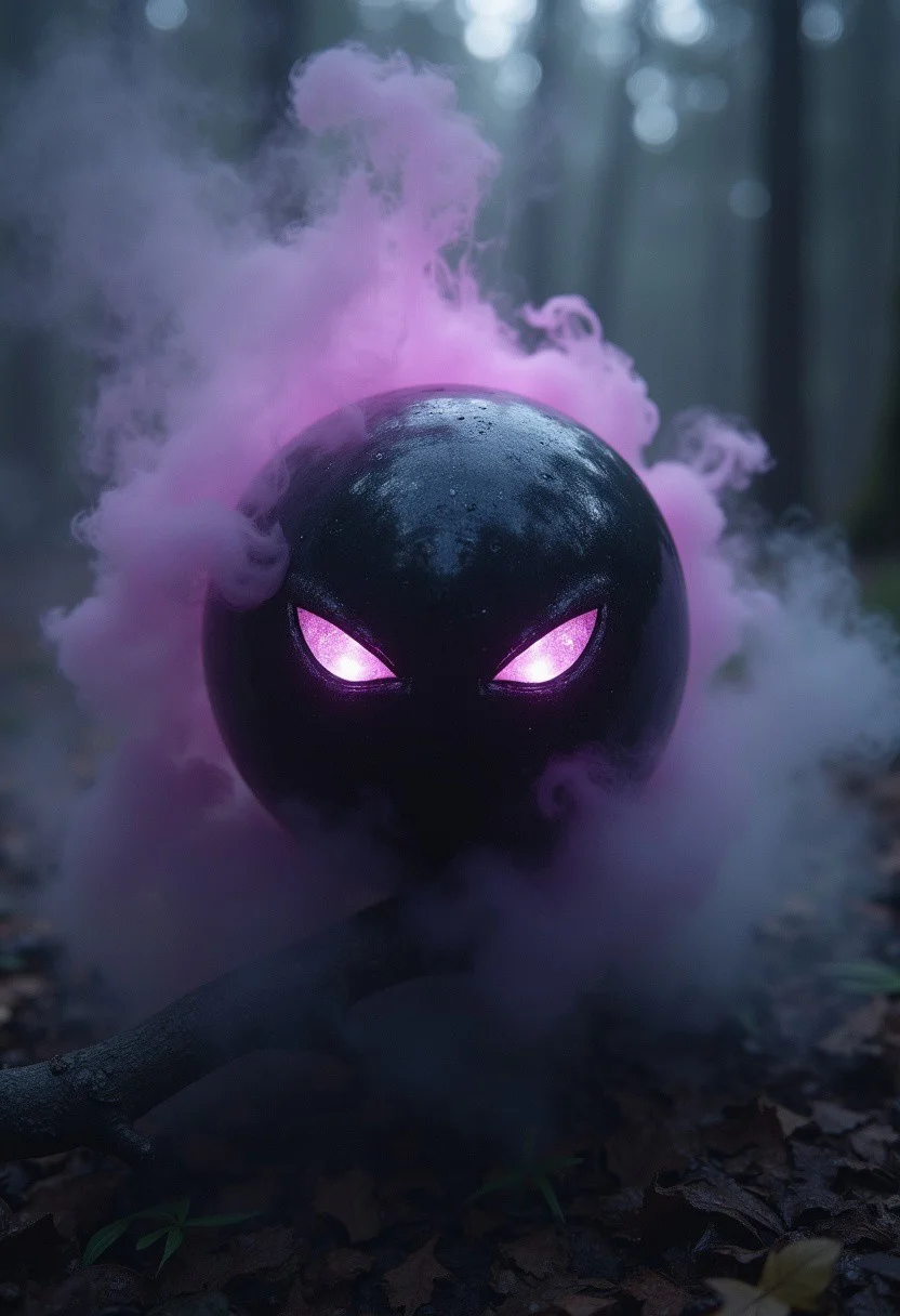 black obsidian magic orb with evil white eyes looking from the inside of the orb, in mystical fog of silver and purple colors