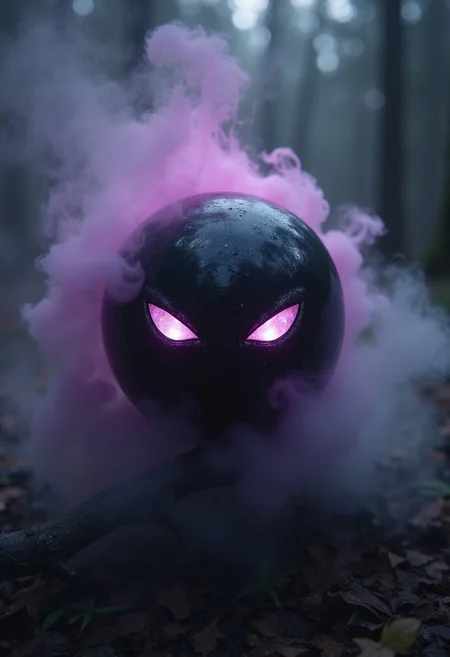 black obsidian magic orb with evil white eyes looking from the inside of the orb, in mystical fog of silver and purple colors