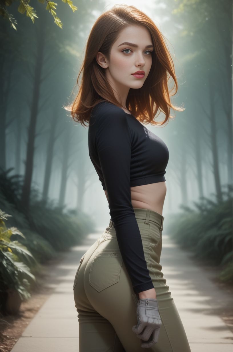 (score_9, score_8_up:1.1),score_7_up,full body photo,(kim_possible walking in a summer forest),long sleek ginger hair,small ears,lipstick,mascara,(very pale white skin),body freckles,black three-quarter length long sleeve crop top,olive cargo pants,dark grey gloves,detailed eyes,eye shadow,petite body,slim legs,volumetric lighting,cinematic lighting,realistic,hyper realistic,detailed,shadows,sinister lighting,dramatic pose,dynamic,small tight butt,detailed face,intricate details,naturalism,hyperdetailed,hyperrealistic,photorealism,wide shot dark cinematography,volumetric lighting,source lights,zPDXL (1),<lora:Expressive_H:1>,zPDXLxxx,<lora:Kim_Possible_for_PonyXL:0.8>,upper_body,