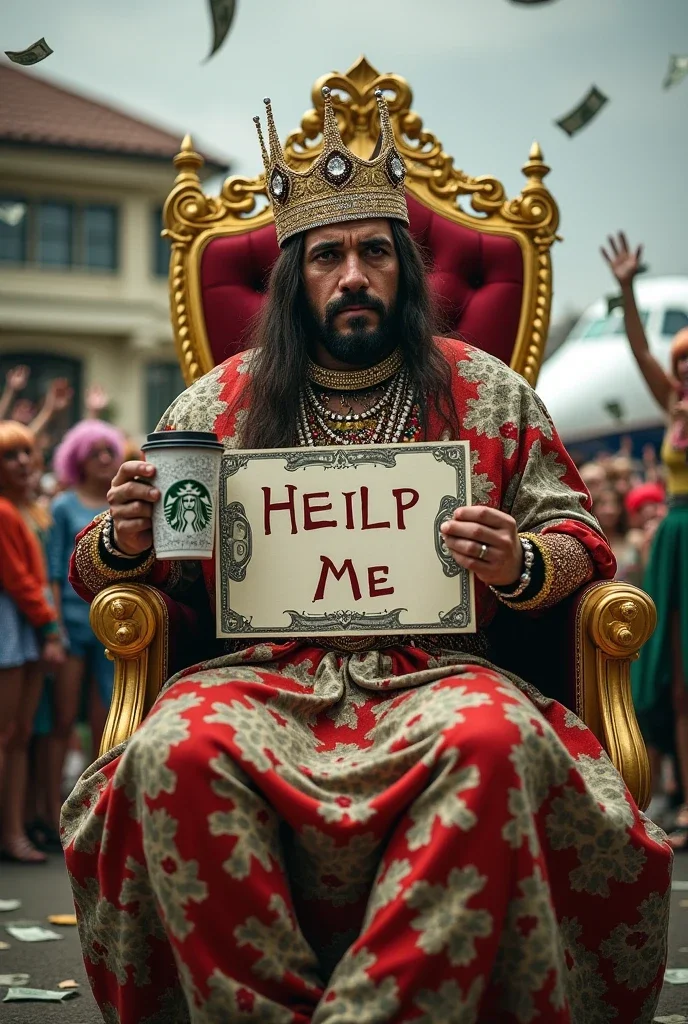 Create a highly dramatic and ironic image of a person dressed as a medieval beggar, but with a modern twist. They are holding a golden, jewel-encrusted 'Help Me' sign while sitting on a throne made of dollar bills. In the background, there's a luxury mansion and a private jet parked on a runway. The person has a exaggerated sad face, but they're also wearing a diamond-encrusted crown and holding a Starbucks coffee. Surround them with a crowd of people throwing money at them, but the people are dressed as clowns. The overall tone should be absurd, over-the-top, and humorous, with a touch of sarcasm.