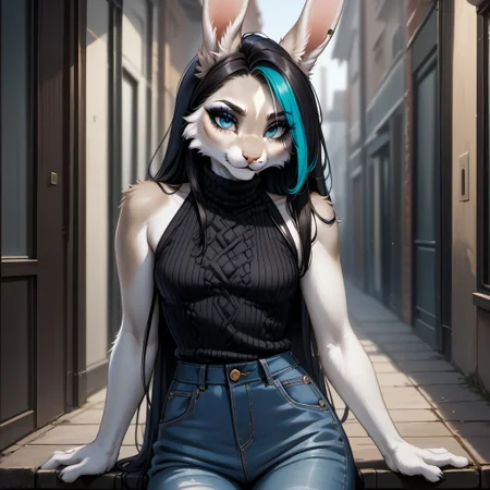 digital_media_(artwork) hi_res, score_9, score_8_up, score_7_up, score_6_up, score_5_up, score_4_up, rating_safe, beautiful, intricate, high quality details, highly detailed, amazing quality, anthro, furry, female, detailed textured fur, fur tufts, fluffy, cute, small, detailed sexy eyes, solo, SFW, rabbit, lop ears, expressive, sassy, long sleeveless halter neck sweater, baggy denim pants, clothed slim, clothed slender, clothed skinny, multicolored hair, streaked hair, absurdres, highres, goth, heavy eyeliner, heavy eye shadow, breasts,
