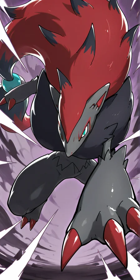 masterpiece, best quality, no humans, zzZoroark, incoming attack, foreshortening, claws, <lora:ZoroarkPokedex_IXL_v1:1.0>,