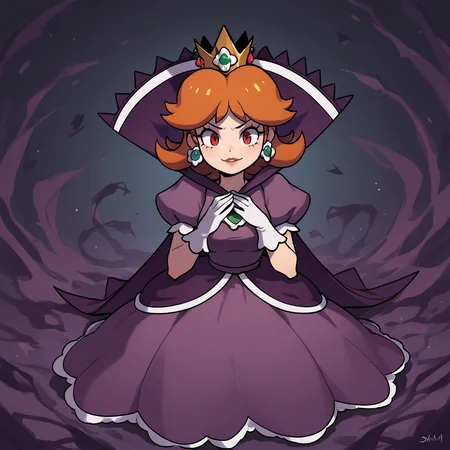 score_9, score_8_up, score_7_up, score_6_up, score_5_up, score_4_up, zPDXL2,source_anime,rating_questionable, <lora:Shadow_Queen_Peach:0.8> sh4dp3ach,princess daisy, short hair,red eyes,purple dress, puffy short sleeves, white gloves, cape, jewelry,