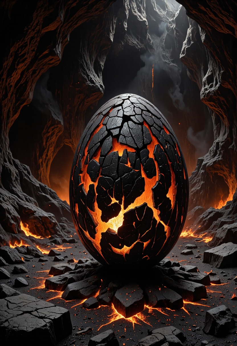 <lora:Pieper-Geometrics-Shadowworld:0.8>,Op-Art, perfection style, a digital art illustration depicting a charred egg sitting on a pile of cinders in a cave full of lava and lit by the fires. The egg is covered with cracks glowing from the inside, Geometric Shapes, light fill the shapes becoming more and more transparent and brilliant. patterns dance and constrict and pulse.