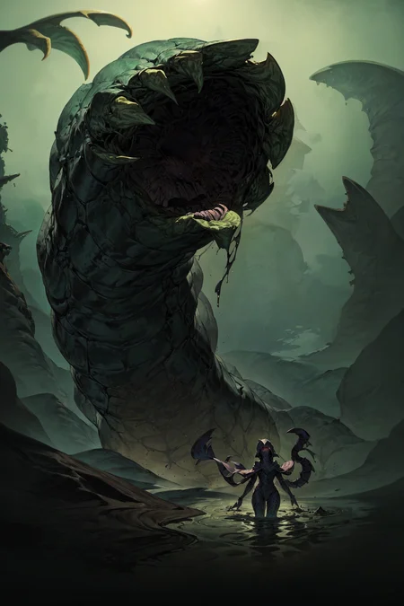 <lora:flat2:-1>, <lora:partially_submerged:1>, partially submerged, <lora:Sandworm:0.8>, Sandworm, In the bottomless swamp, a terrifying worm lives. The worm is more than ten meters long and as thick as a human torso. Its (body is black:1.4} and slimy, and it has a mouth full of teeth. The worm swims freely in the swamp, and attacks and eats any animal or human that comes near the swamp. The worm camouflages itself to blend in with the swamp water, and by the time you notice it, it is too late. The worm is the master of the swamp, and it is feared by all.