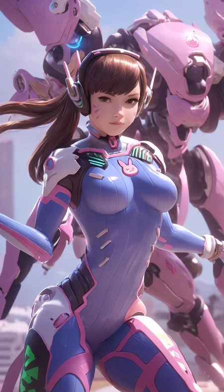 Cinematic scene, hero view, D.Va, Meka, Overwatch <lora:d.va_xl_v1:1>, action pose, detailed background, masterpiece, best quality, high quality, highres, absurdres