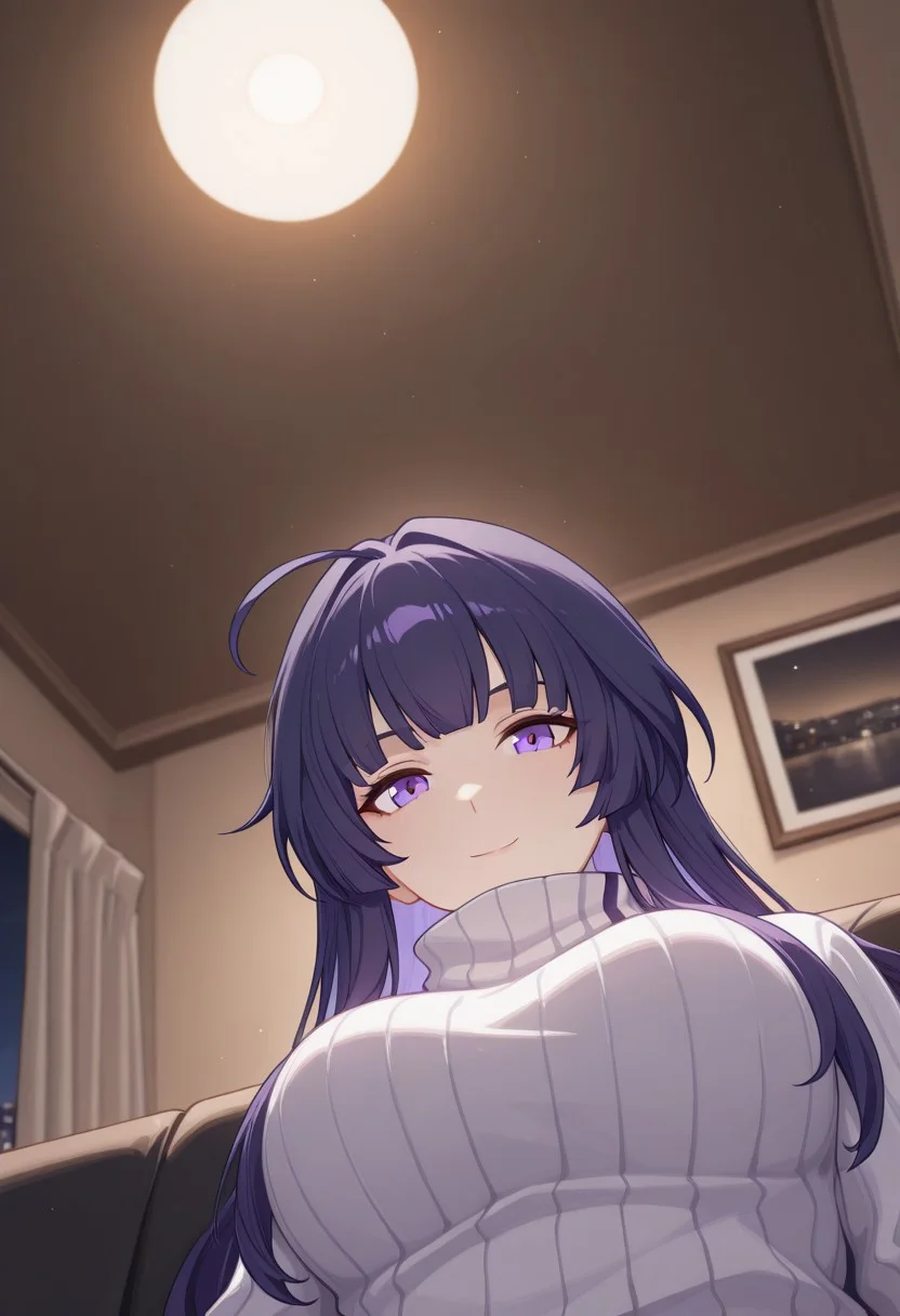 masterpiece, masterful composition, best quality, ultra-detailed, very aesthetic, detailed background, year 2023, very aesthetic, newest, scenery, highres, 4k, absurdres, 8k, colorful,vibrant, glowing, perfect face, 2d, perfect eyes, detailed eyes, perfect quality, best quality, absolutely eye-catching, soft shadows, 1girl, solo, raiden mei, purple hair, long hair, blue eyes, RMei, Fol006, RM_Aph, raiden mei, purple hair, purple eyes, mature body, sitting, turtleneck sweater, ribbed sweater, white sweater, sitting, looking at viewer, foreshortening, smile, closed mouth, detailed background, night, dark sky, ceiling light, living room, indoors, apartment interior, contemporary furniture, white wall, movie night, wide screen television, photo frame, closed curtain, curtain, curtained window, curtained windows, sofa, couch, long sofa, black sofa, high sofa back, sofa armrest, looking at viewer, <lora:lap-pov-illustriousxl-lora-nochekaiser:1>, lap pov, lap pillow, from below, ceiling, looking down, pov, blush, blush, smile, POV, from below
